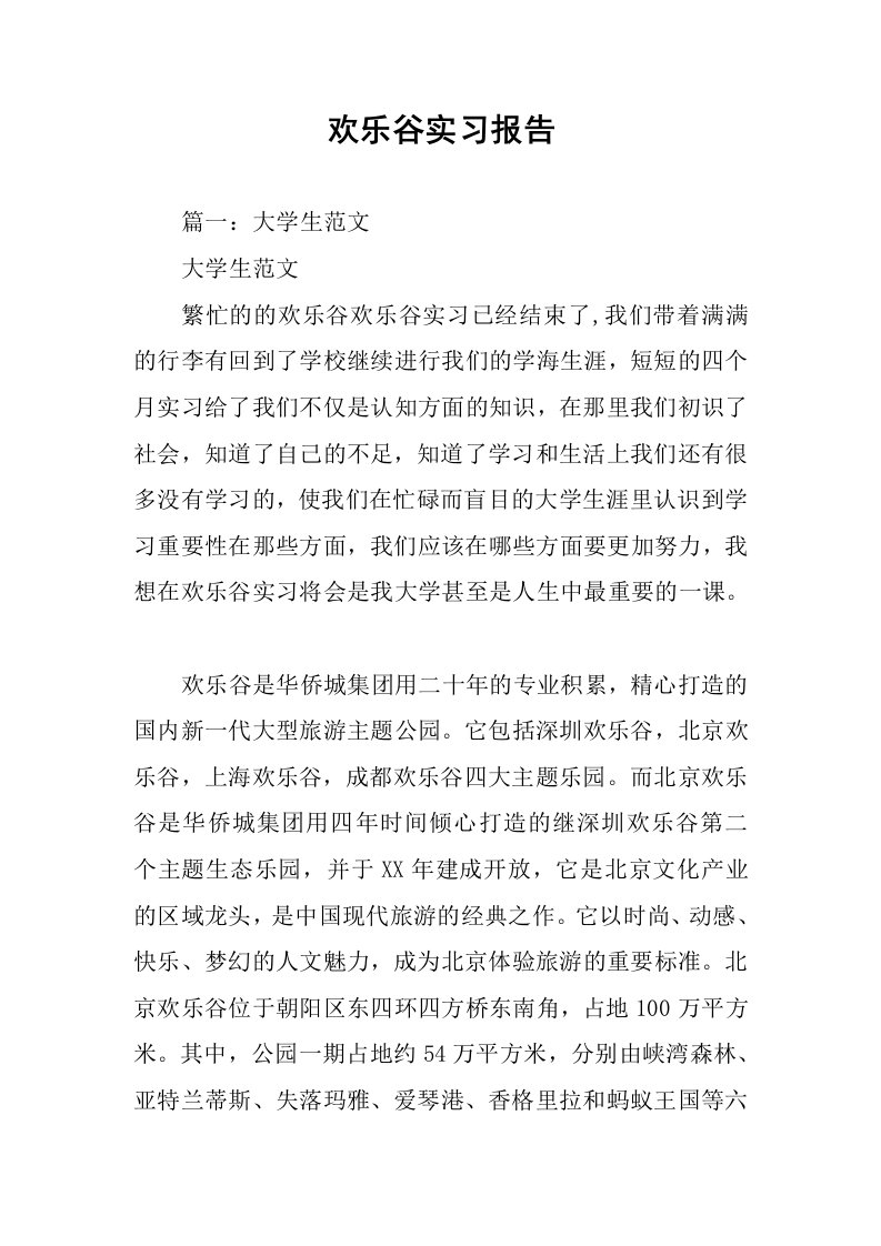 欢乐谷实习报告