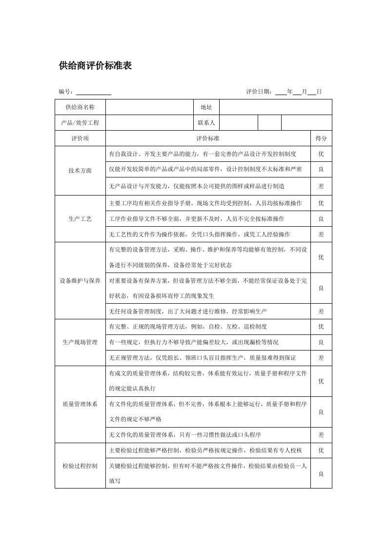 供应商评价标准表