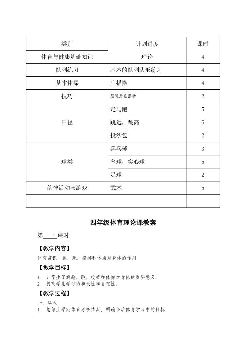 [教学设计]小学四年级体育教案上学期