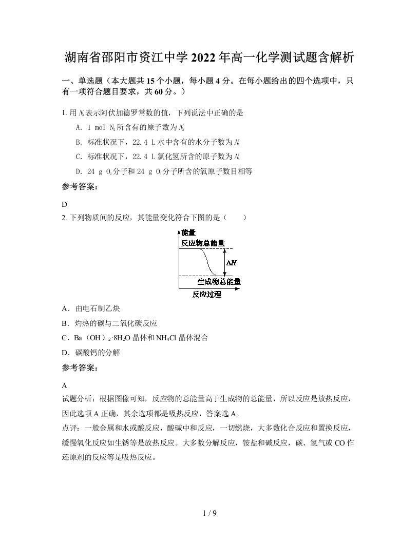 湖南省邵阳市资江中学2022年高一化学测试题含解析