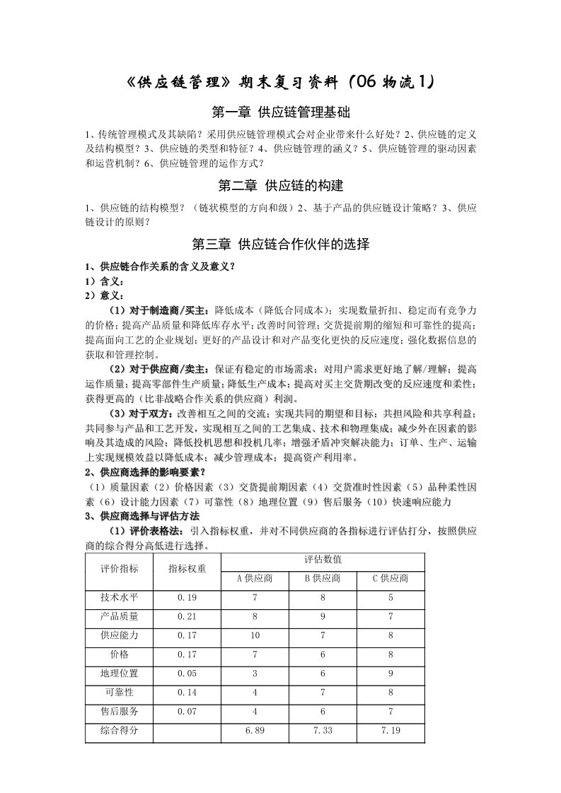 供应链管理期末考试复习资料