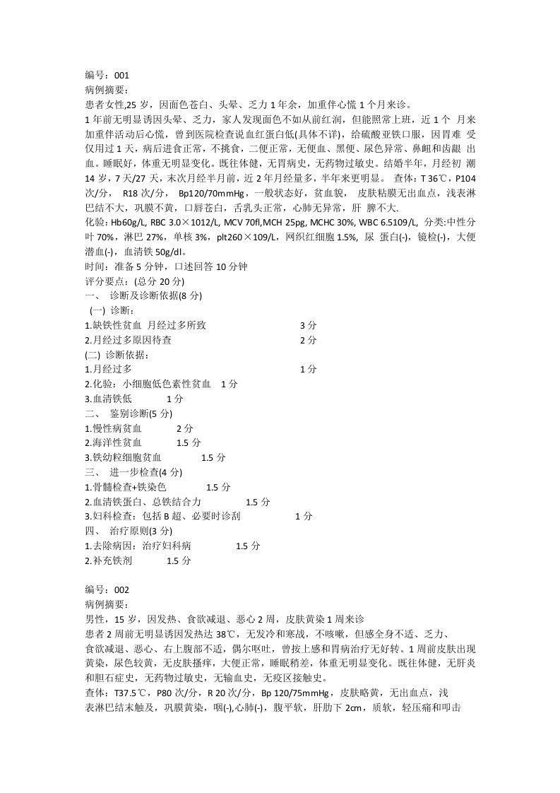 临床医师资格实践技能考试第一站病例分析