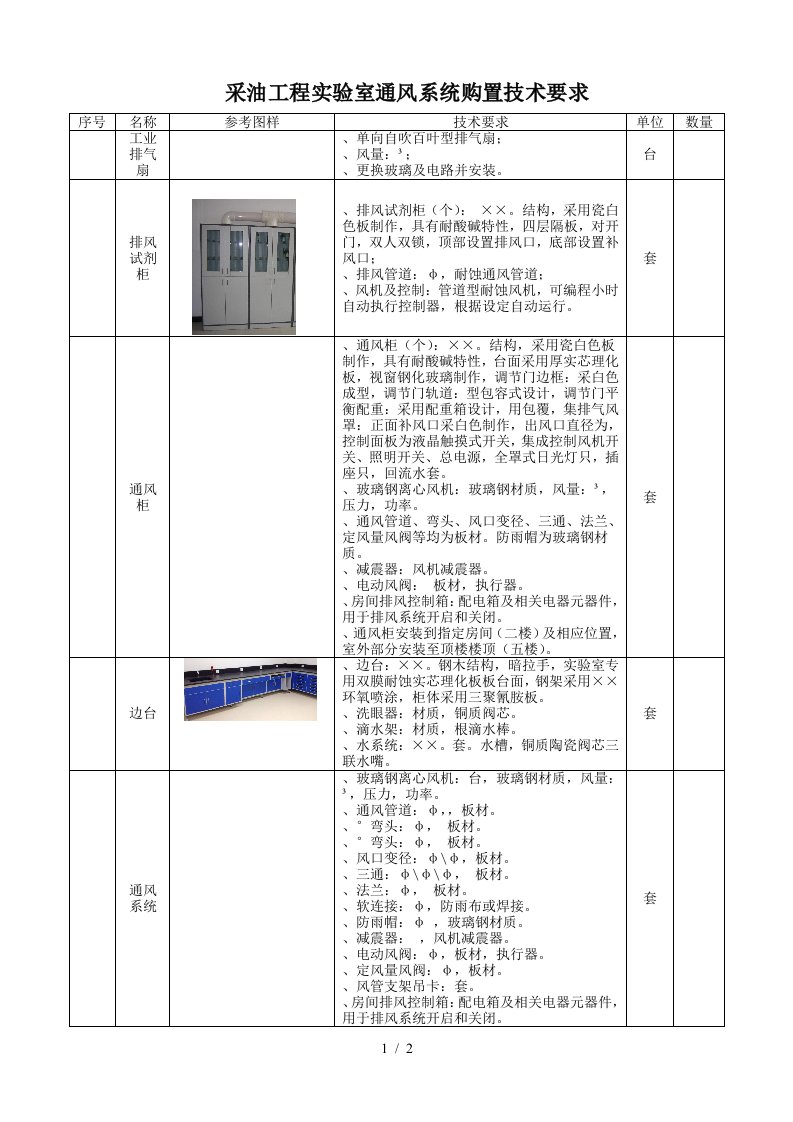 采油工程实验室通风系统购置技术要求