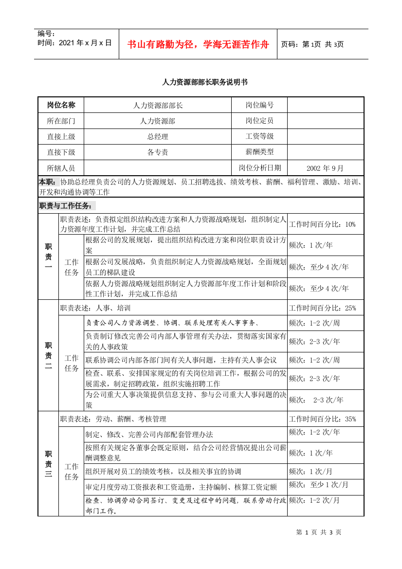 职务说明书（人事部长）