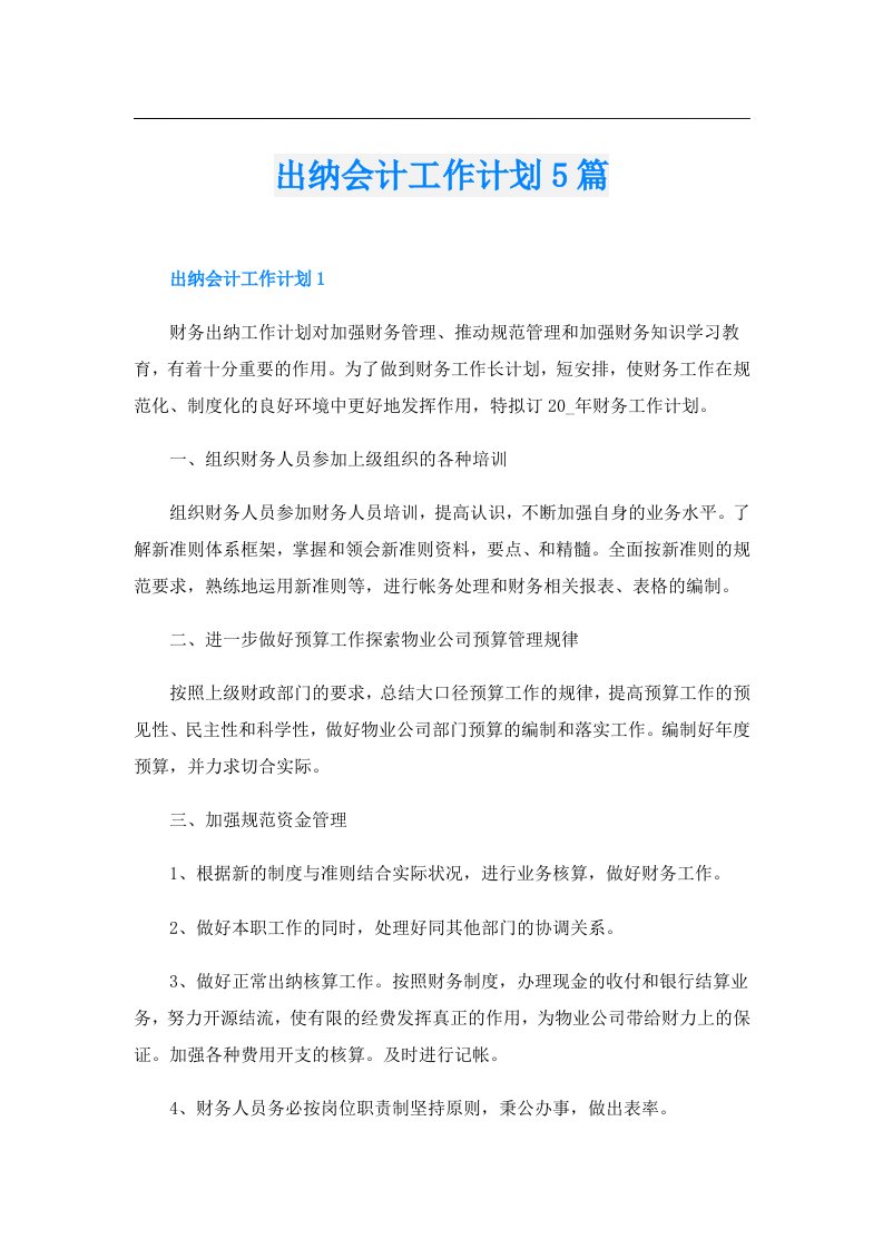 出纳会计工作计划5篇