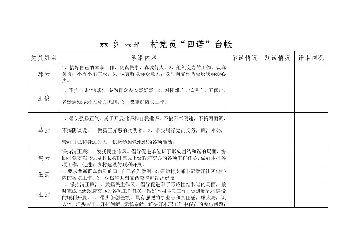 党员四诺台帐