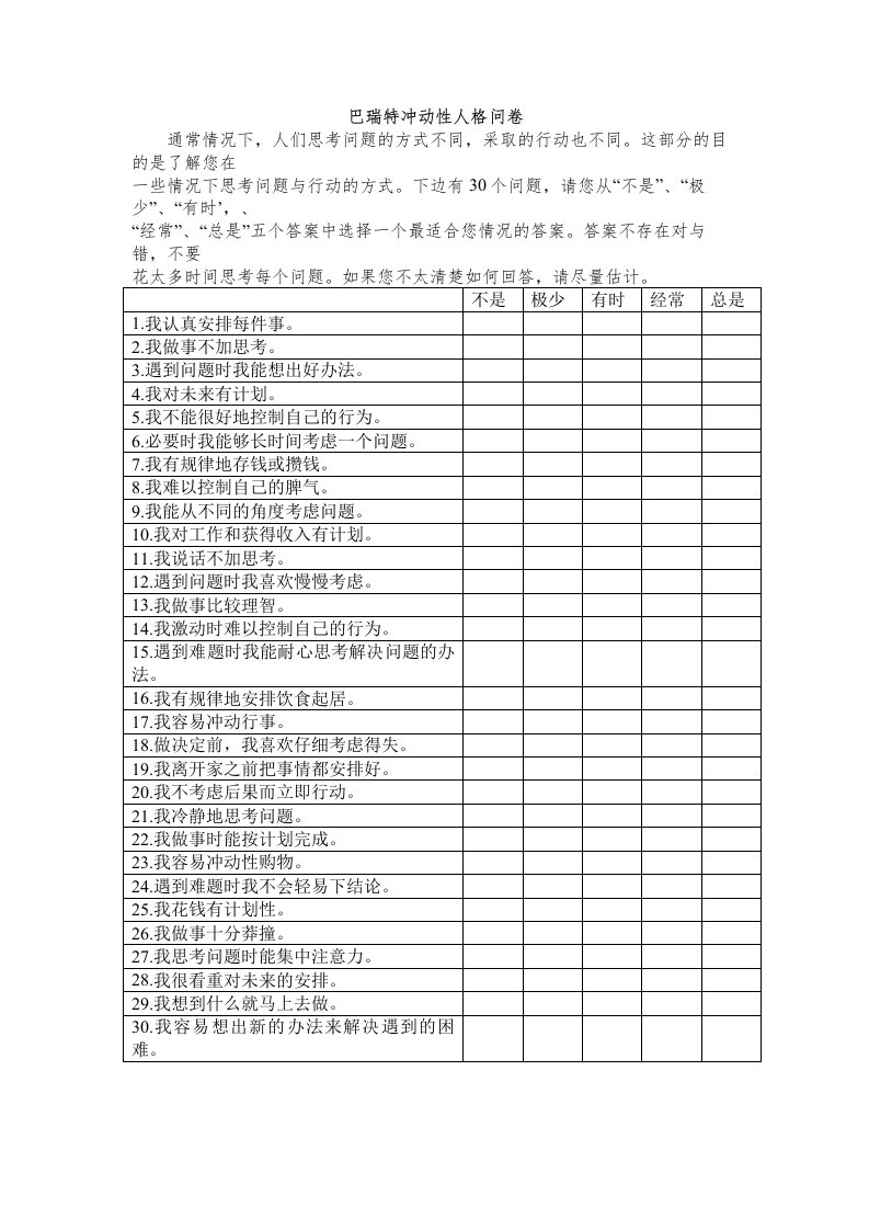 巴瑞特冲动性人格问卷