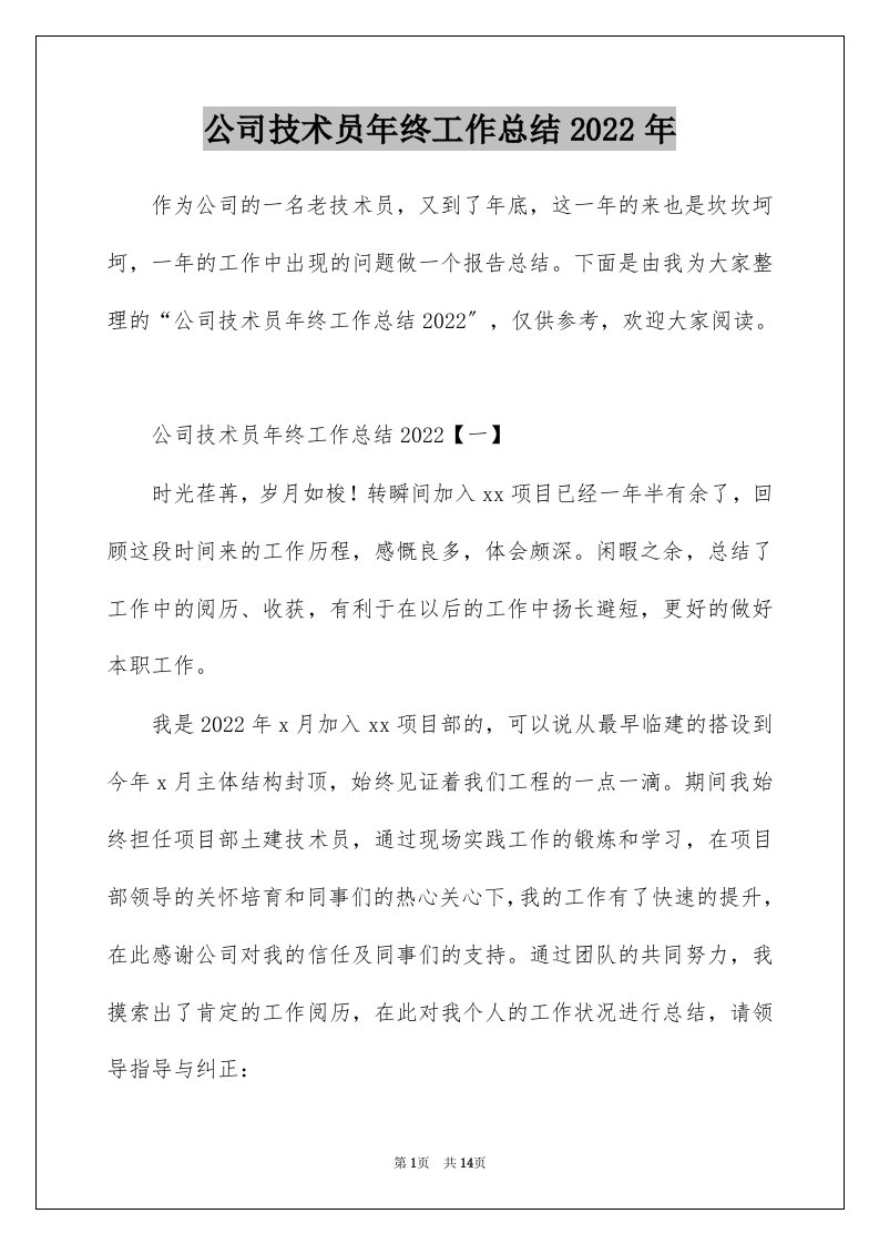 公司技术员年终工作总结2022年