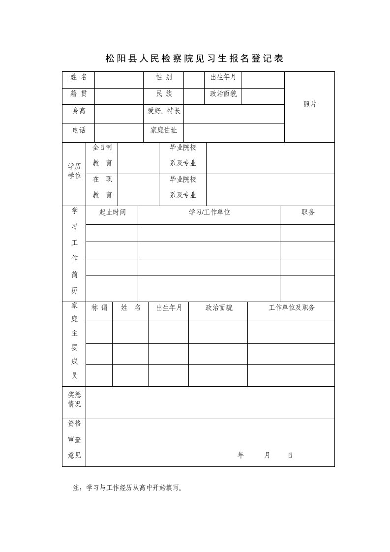 松阳人民检察院见习生报名登记表