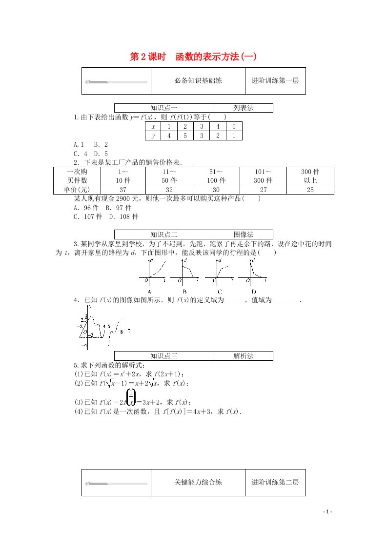 2020_2021学年新教材高中数学第三章函数3.1函数的概念与性质3.1.1第2课时函数的表示方法一精品练习含解析新人教B版必修第一册