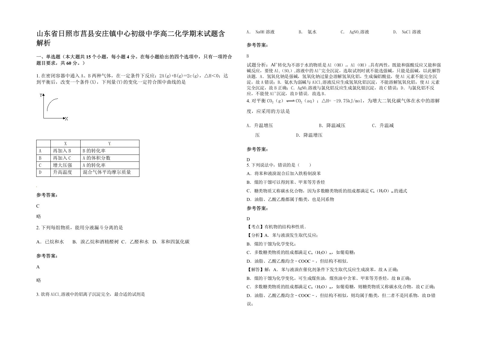 山东省日照市莒县安庄镇中心初级中学高二化学期末试题含解析