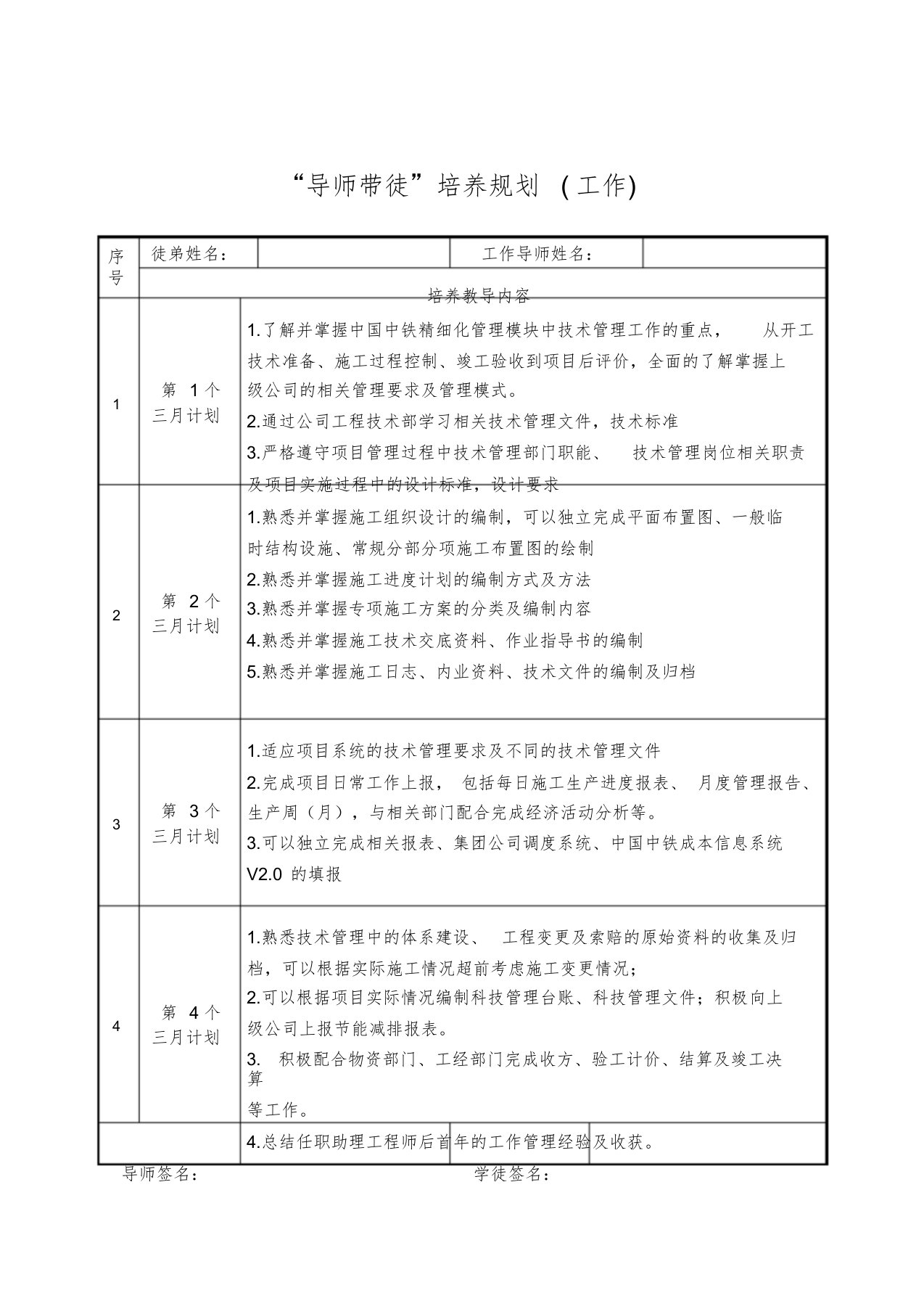 工程单位工作导师带徒培养规划