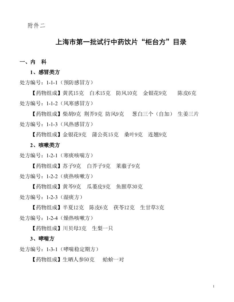 上海市第一批试行中药饮片“柜台方”目录