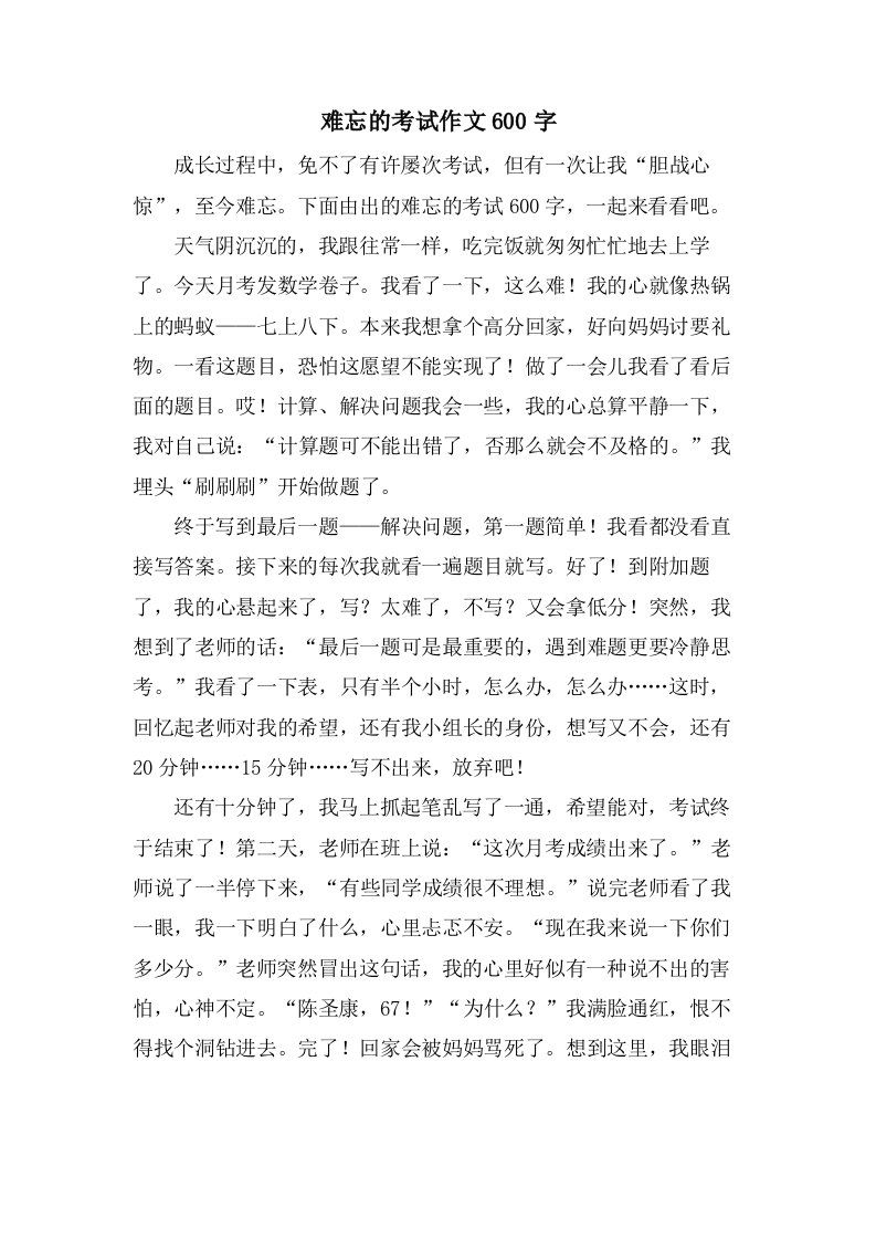 难忘的考试作文600字