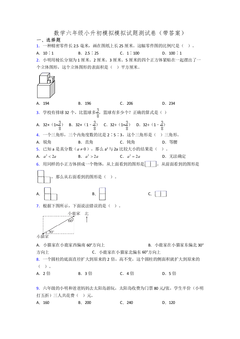 数学六年级小升初模拟模拟试题测试卷(带答案)