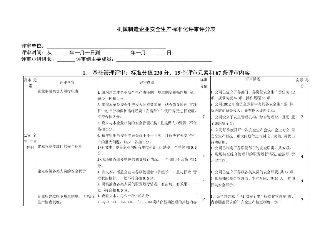 机械行业安全生产标准化评定标准