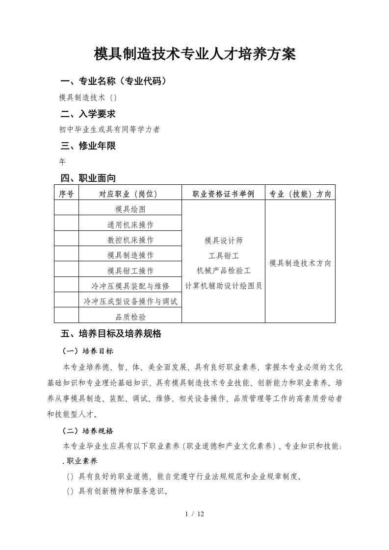 模具制造技术专业人才培养方案