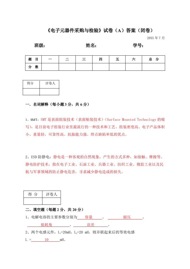 电子行业-电子元器件试卷答案A