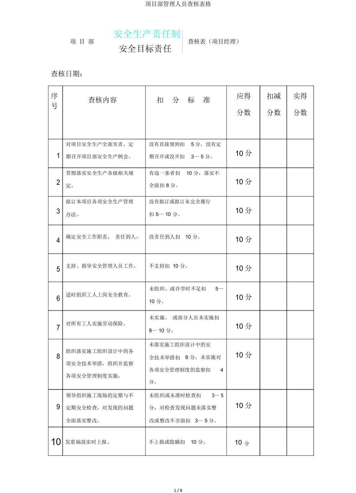 项目部管理人员考核表格