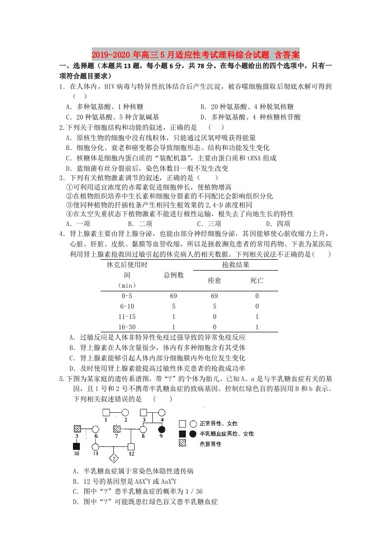 2019-2020年高三5月适应性考试理科综合试题