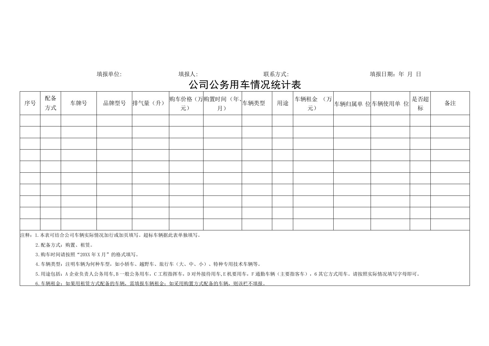 公司公务用车情况统计表