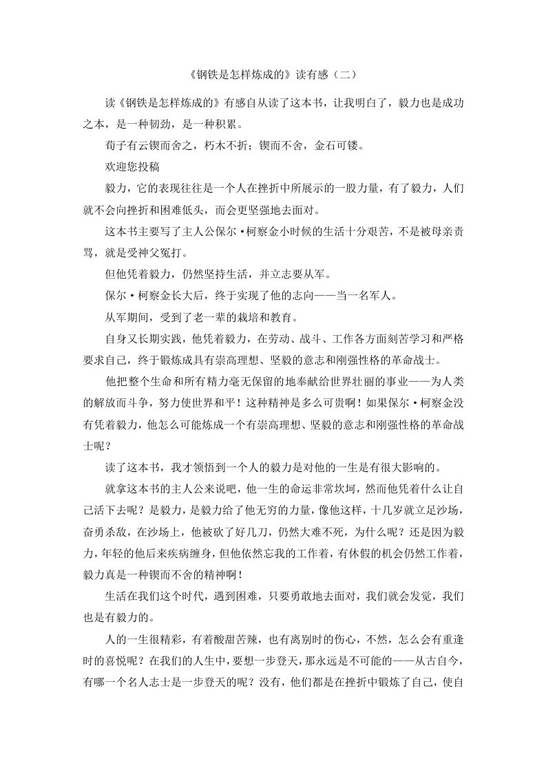 《钢铁是怎样炼成的》读有感二