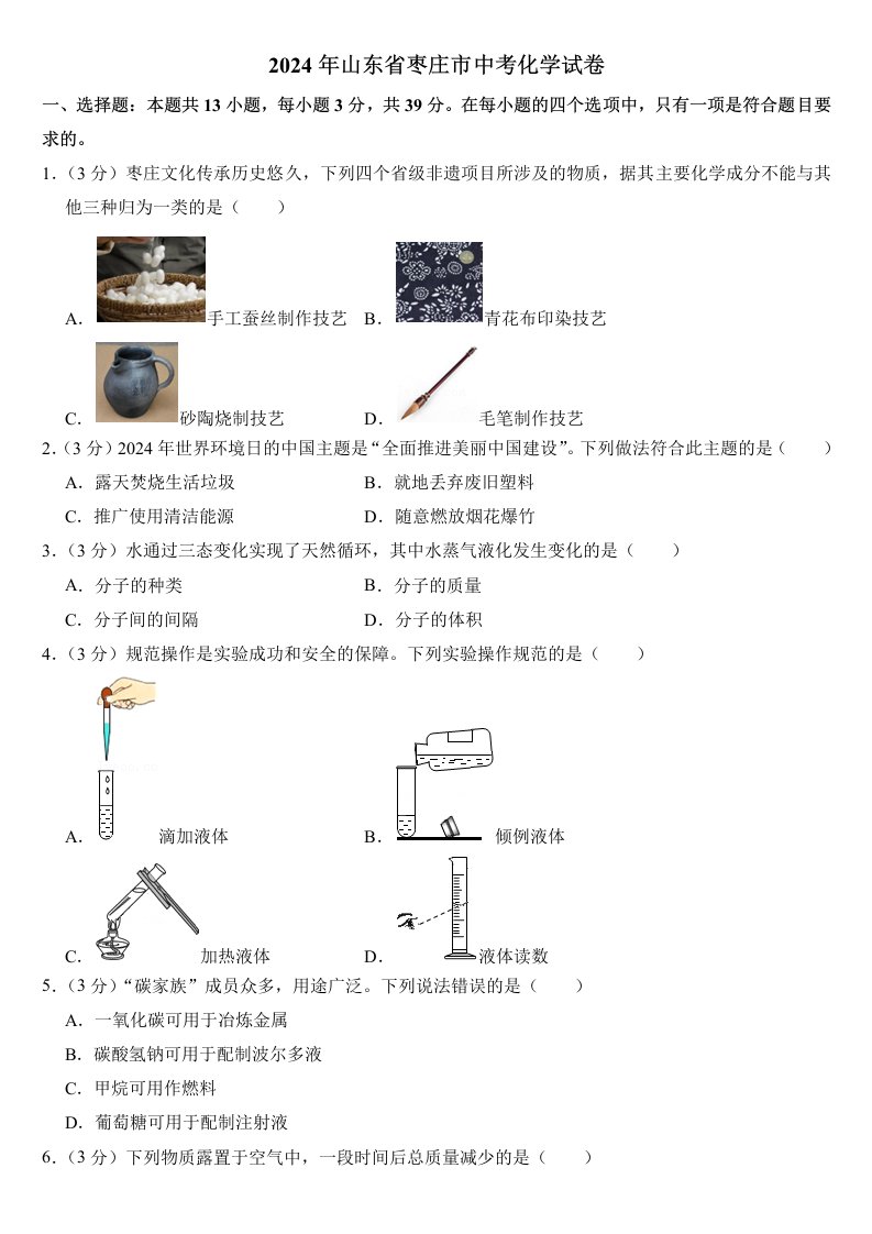 2024年山东省枣庄市中考化学试卷附答案