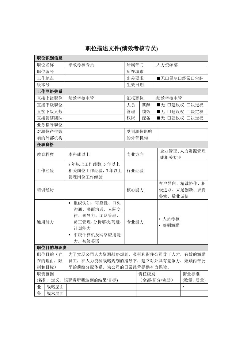 绩效考核专员岗位说明书