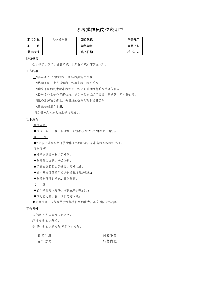 技术部-系统操作员岗位说明书