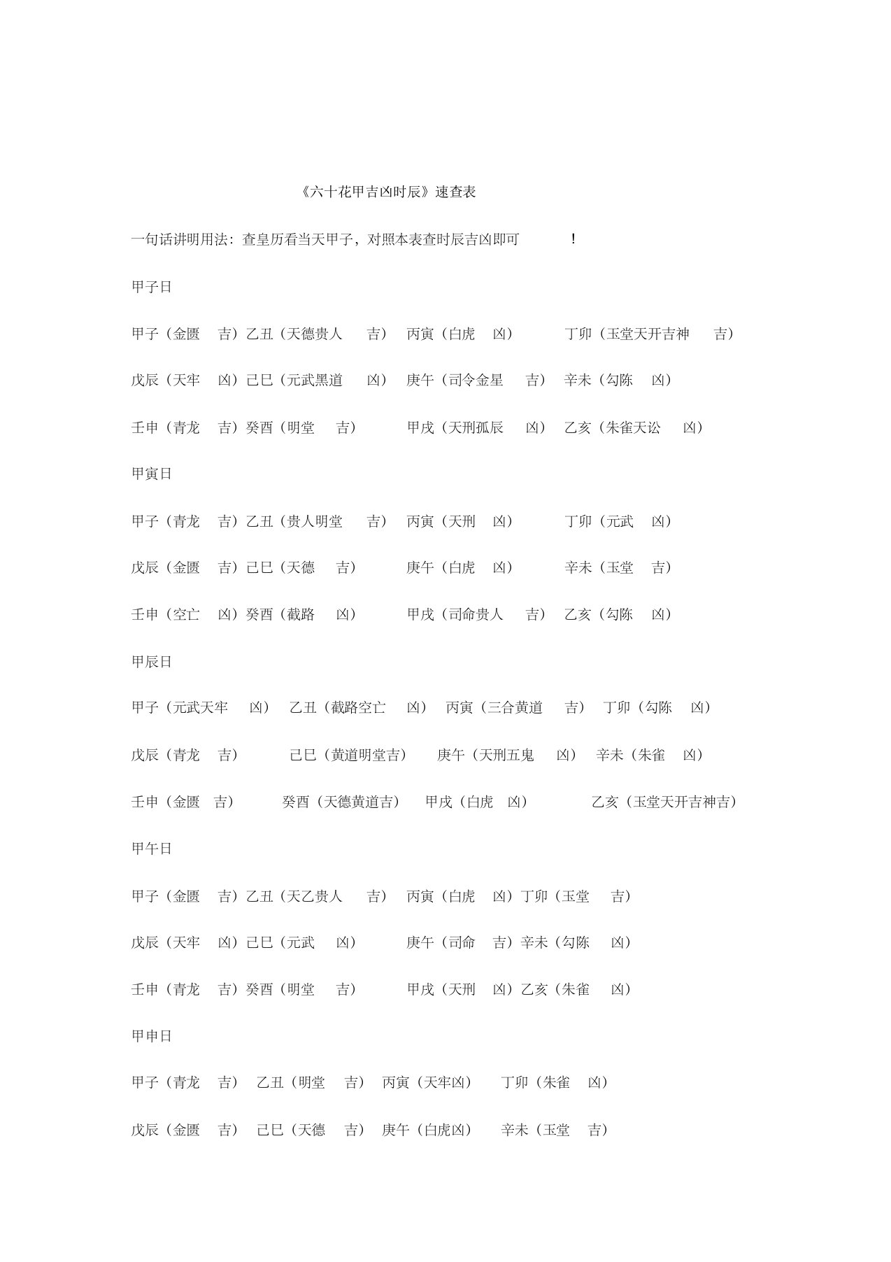 《六十花甲吉凶时辰》速查表