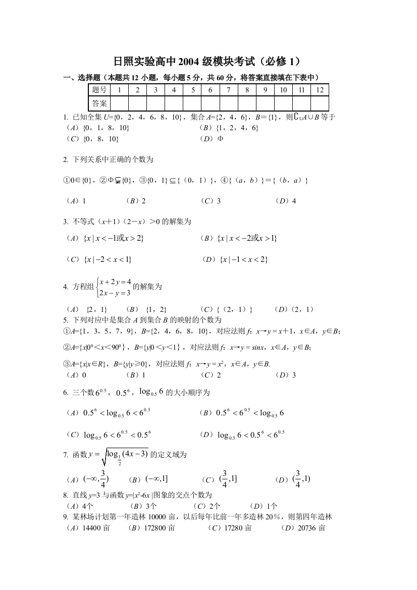 【小学中学教育精选】日照实验高中2004级模块考试（必修1）