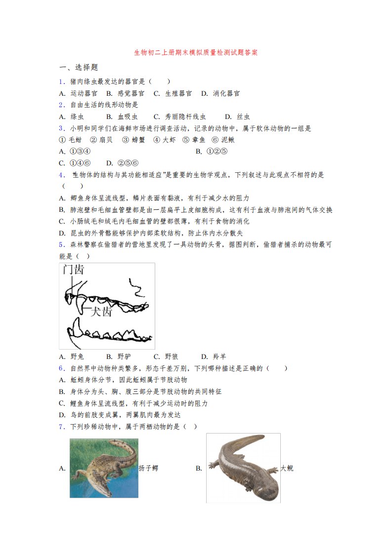 生物初二上册期末模拟质量检测试题答案