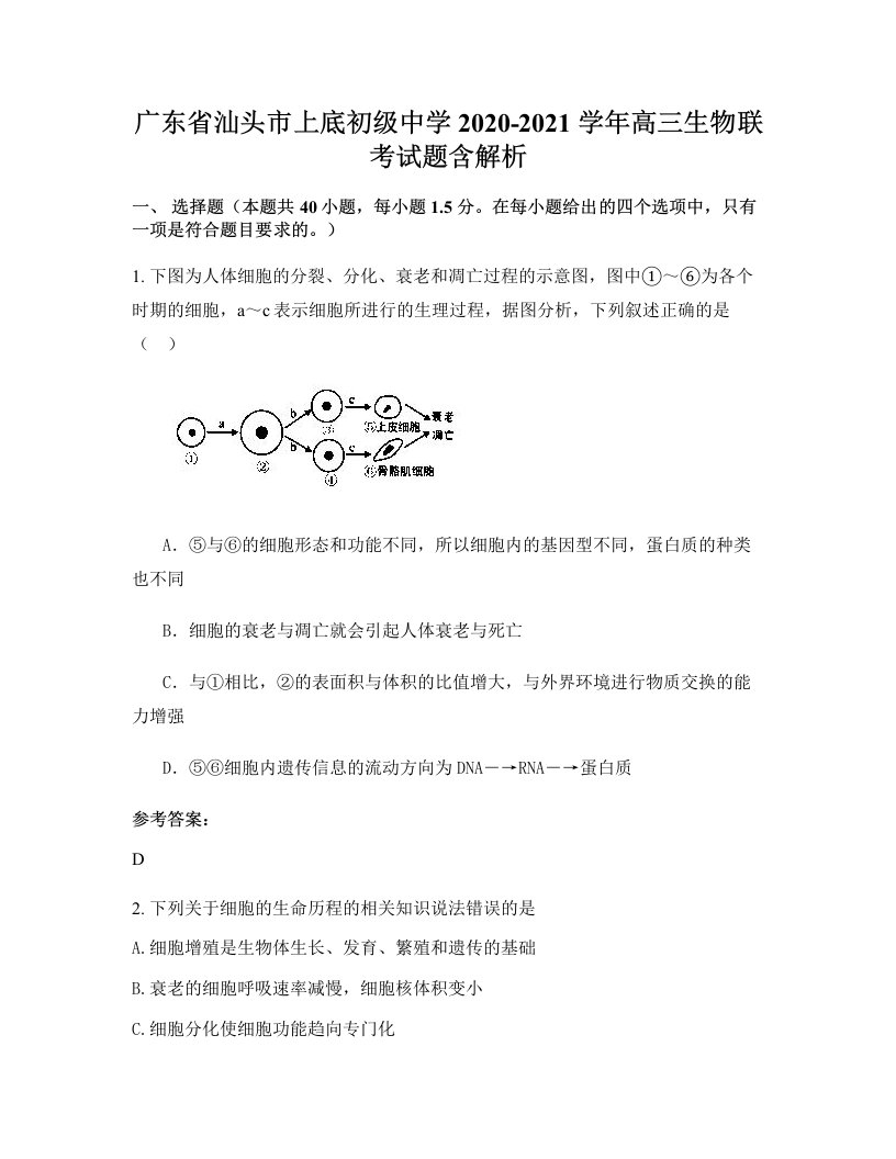 广东省汕头市上底初级中学2020-2021学年高三生物联考试题含解析