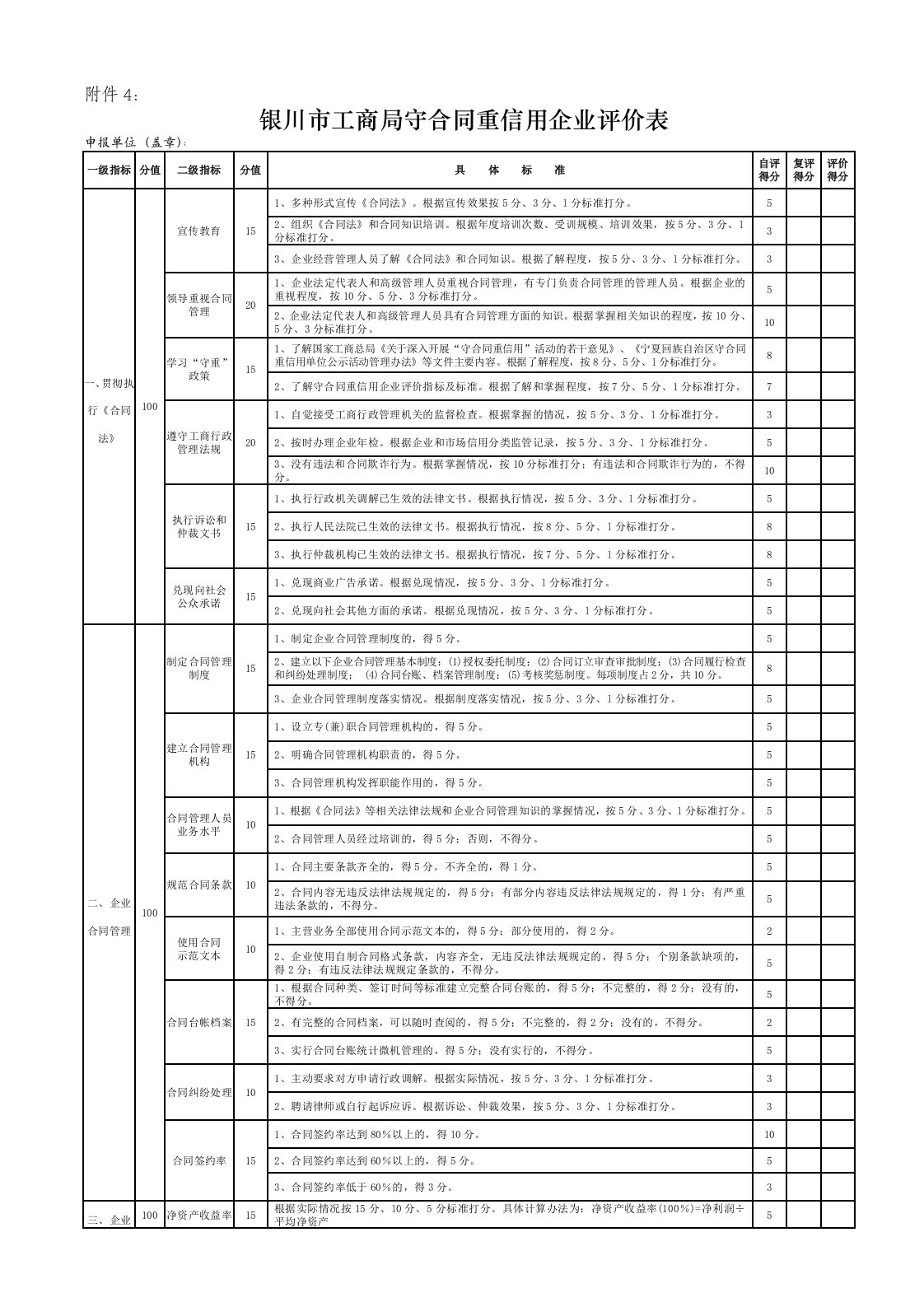 守合同重信用企业评价表