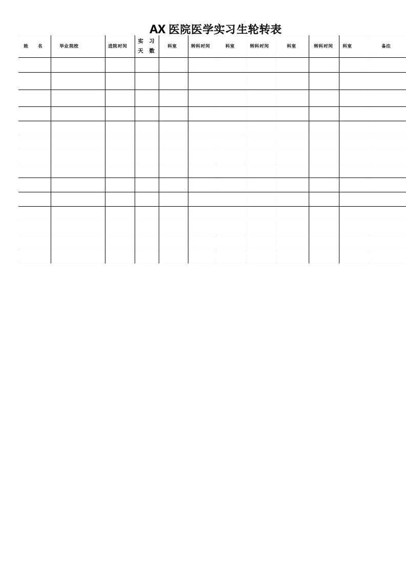 医院实习生科室轮转表