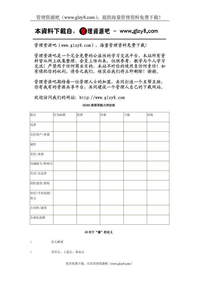 GE360度领导能力评估表