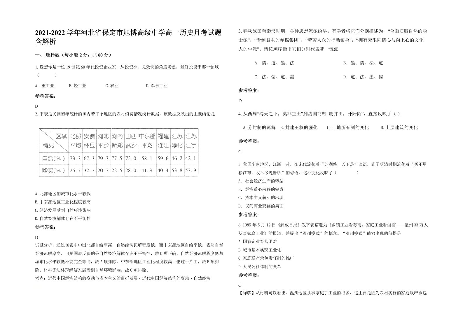 2021-2022学年河北省保定市旭博高级中学高一历史月考试题含解析