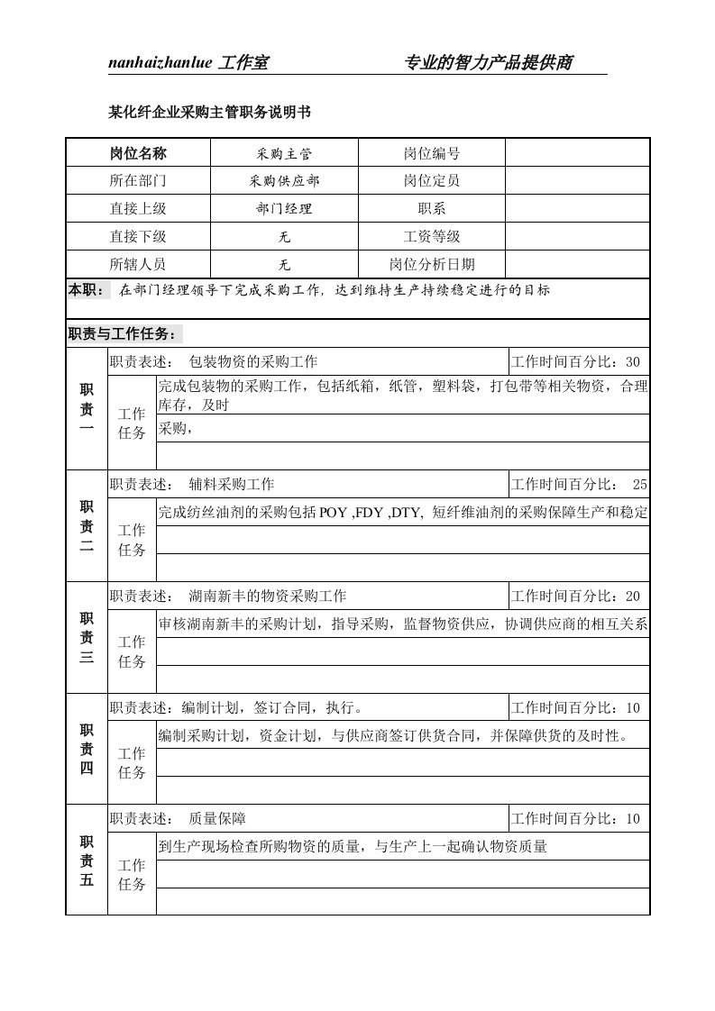 某化纤企业采购主管职务说明书