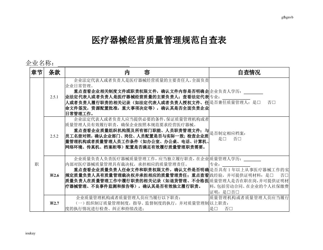 医疗器械经营质量管理规范自查表新版284