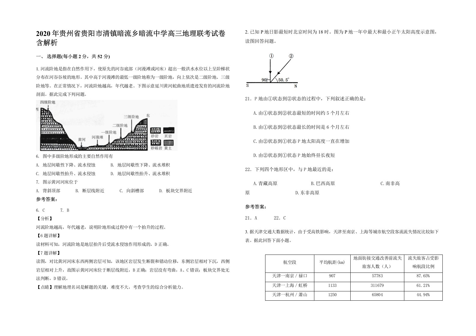 2020年贵州省贵阳市清镇暗流乡暗流中学高三地理联考试卷含解析