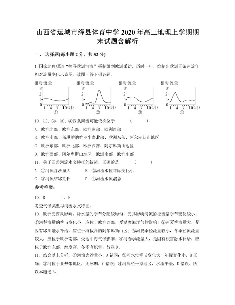 山西省运城市绛县体育中学2020年高三地理上学期期末试题含解析