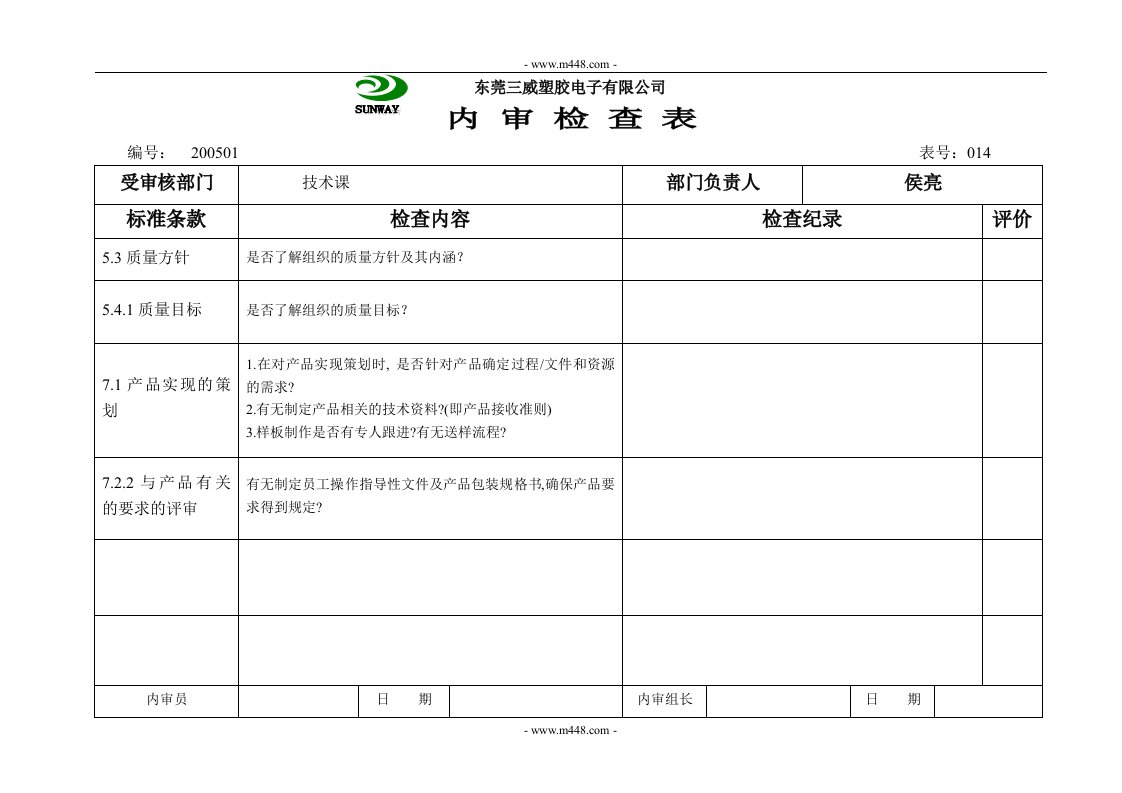 东莞三威塑胶电子公司014内审检查表(技术课)-五金塑胶