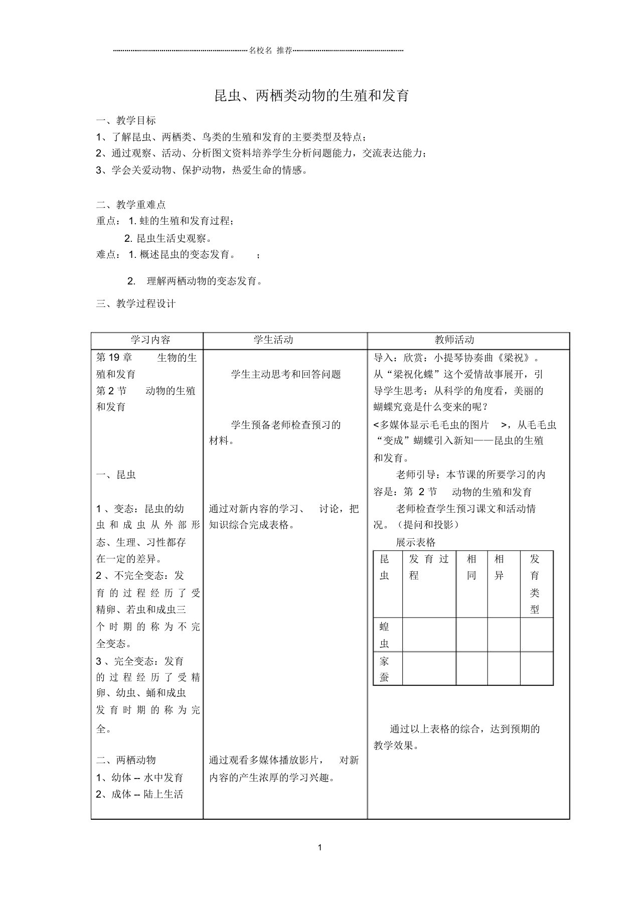 初中八年级生物上册第6单元第19章第2节动物的生殖和发育第1课时昆虫两栖类动物的生殖和发育名师精选教案新