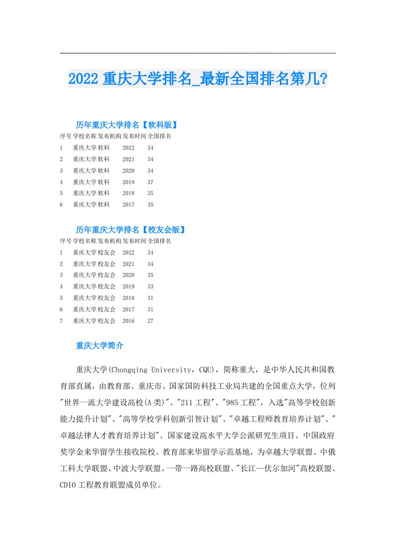 重庆大学排名_最新全国排名第几