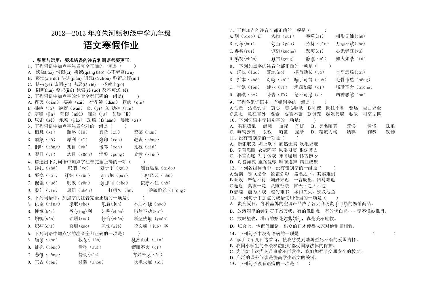 九年级语文寒假作业