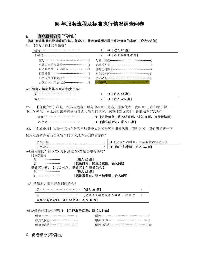 服务流程及标准调查问卷-试访培训