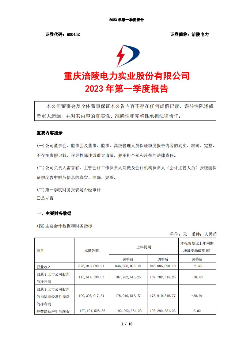 上交所-涪陵电力2023年第一季度报告-20230427