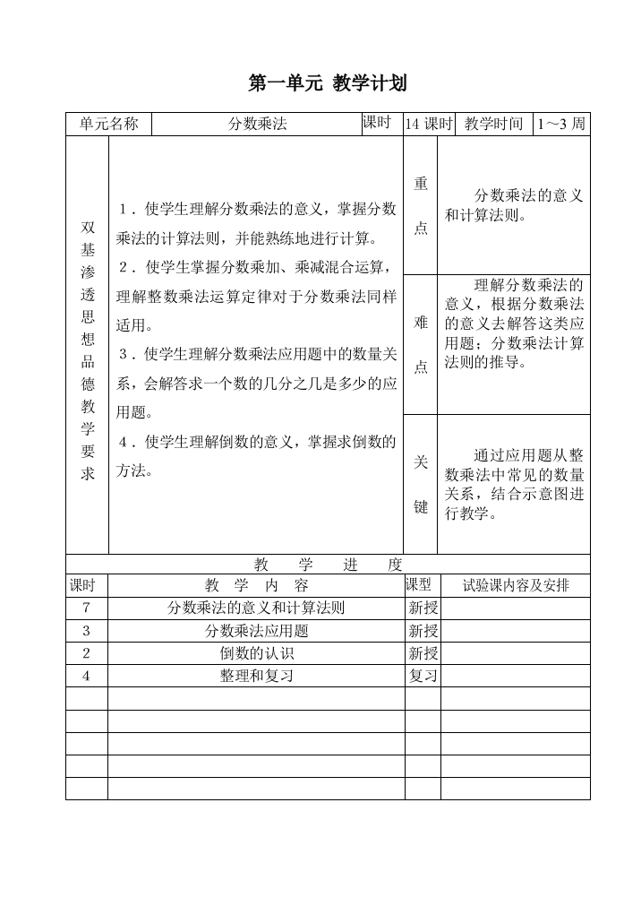 新人教版小学六年级上册数学第一单元教学计划