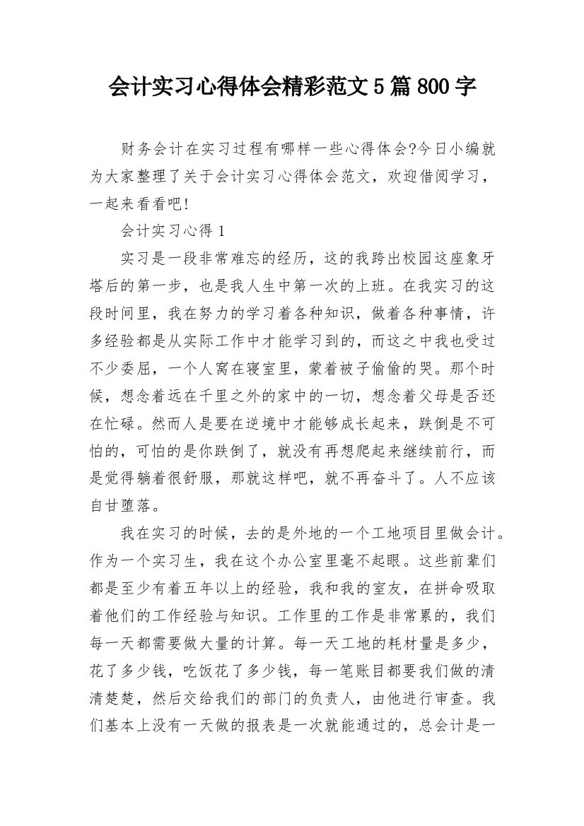 会计实习心得体会精彩范文5篇800字