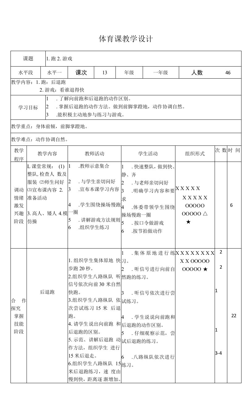 一年级下册体育表格式教案-11跑后退跑-通用版